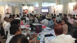 Congress members at the party's war room in Jaipur.(HT PHoto) Congress members at the party's war room in Jaipur.(HT PHoto)