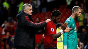 Manchester United manager Ole Gunnar Solskjaer, Manchester United's Fred and David de Gea react after the match(REUTERS) Manchester United manager Ole Gunnar Solskjaer, Manchester United's Fred and David de Gea react after the match(REUTERS)