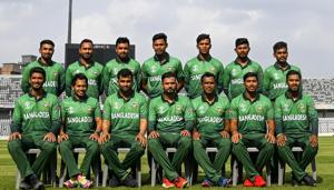 (FILES) In this file photo taken on April 29, 2019 Bangladesh cricket team members pose for photograph as they wear the team's official jersey at the Sher-e-Bangla National Cricket Stadium in Dhaka, ahead of the ICC World Cup in England(AFP)