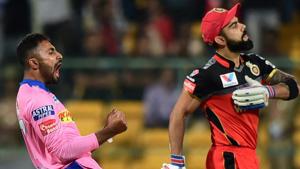 RCB batsman Virat Kohli returns pavilion as RR bowler Shreyas Gopal celebrates during the Indian Premier League 2019.(PTI) RCB batsman Virat Kohli returns pavilion as RR bowler Shreyas Gopal celebrates during the Indian Premier League 2019.(PTI)