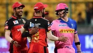 Bengaluru: RR. Batsman Steve Smith shakes hand with RCB Skipper Virat Kohli after the match was called off due to rain during the Indian Premier League 2019 (IPL T20) cricket match between Royal Challengers Bangalore (RCB) and Rajasthan Royals (RR)(PTI) Bengaluru: RR. Batsman Steve Smith shakes hand with RCB Skipper Virat Kohli after the match was called off due to rain during the Indian Premier League 2019 (IPL T20) cricket match between Royal Challengers Bangalore (RCB) and Rajasthan Royals (RR)(PTI)