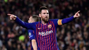 Barcelona's Argentinian forward Lionel Messi celebrates after scoring his team's third goal during the UEFA Champions League semi-final first leg football match between Barcelona and Liverpool at the Camp Nou Stadium in Barcelona on May 1, 2019(AFP) Barcelona's Argentinian forward Lionel Messi celebrates after scoring his team's third goal during the UEFA Champions League semi-final first leg football match between Barcelona and Liverpool at the Camp Nou Stadium in Barcelona on May 1, 2019(AFP)