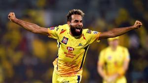 Chennai: CSK's bowler Imran Tahir celebrates after taking wicket of DC's batsman Axar Patel(PTI) Chennai: CSK's bowler Imran Tahir celebrates after taking wicket of DC's batsman Axar Patel(PTI)