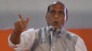 New Delhi, India - May 1, 2019: Union Minister Rajnath Singh addresses an election rally ahead of the Lok Sabha elections, at Shastri Park , in New Delhi, India, on Wednesday, May 1, 2019.(Sanchit Khanna/HT PHOTO)
