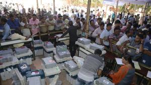 EVMS and VVPATs being distributed at a poll centre ahead of Lok Sabha elections 2019.(HT file photo)