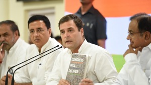 Congress president Rahul Gandhi at a press conference at AICC headquarters in New Delhi on Saturday.(Arvind Yadav/ HT Photo)