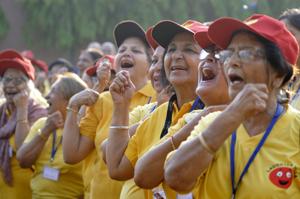 Members of the Jalvayu Laughter Club begin celebrations for the the World Laughter Day in Sector 21 on Saturday.(Sunil Ghosh/HT Photo) Members of the Jalvayu Laughter Club begin celebrations for the the World Laughter Day in Sector 21 on Saturday.(Sunil Ghosh/HT Photo)
