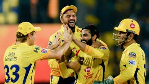 File image of players of CSK celebrating after the fall of a wicket.(AFP) File image of players of CSK celebrating after the fall of a wicket.(AFP)