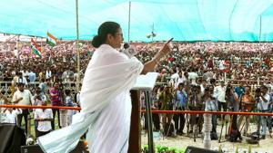 West Bengal Chief Minister and Trinamool Congress supremo Mamata Banerjee addressing an election rally in Barrackpore .(PTI)