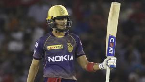 Kolkata Knight Riders’ Shubman Gill raises his bat after scoring a half-century against Kings XI Punjab.(AP) Kolkata Knight Riders’ Shubman Gill raises his bat after scoring a half-century against Kings XI Punjab.(AP)