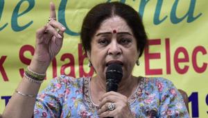 BJP candidate from Chandigarh Kirron Kher during an interaction residents welfare association members at the Chandigarh Press Club.(Ravi Kumar/HT PHOTO)