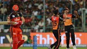 Sunrisers Hyderabad bowler Bhuvneswar Kumar (2L) celebrates with a teammate the dismissal of Royal Challengers Bangalore batsman AB De Villiers (L) for 1 run during the 2019 Indian Premier League(AFP) Sunrisers Hyderabad bowler Bhuvneswar Kumar (2L) celebrates with a teammate the dismissal of Royal Challengers Bangalore batsman AB De Villiers (L) for 1 run during the 2019 Indian Premier League(AFP)