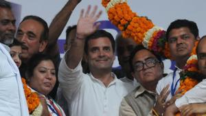 Gurugram, India-May 04, 2019: Congress President Rahul Gandhi along senior leaders seen during a rally, at sector-5 Huda Ground, in Gurugram, India, on Saturday, May 04, 2019. (Photo by Parveen Kumar/Hindustan Times)