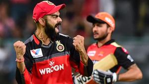 Bengaluru: RCB Skipper Virat Kohli celebrates the wicket of SRH batsman Manish Pandey.(PTI) Bengaluru: RCB Skipper Virat Kohli celebrates the wicket of SRH batsman Manish Pandey.(PTI)