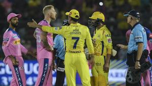 CSK captain M S Dhoni talks to the umpires during the Indian Premier League 2019 (IPL T20) cricket match between Chennai Super Kings (CSK) and Rajasthan Royals (RR) at Sawai Mansingh Stadium, Jaipur, Thursday, April 11, 2019.(PTI) CSK captain M S Dhoni talks to the umpires during the Indian Premier League 2019 (IPL T20) cricket match between Chennai Super Kings (CSK) and Rajasthan Royals (RR) at Sawai Mansingh Stadium, Jaipur, Thursday, April 11, 2019.(PTI)
