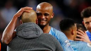 Manchester City manager Pep Guardiola celebrates with Vincent Kompany after the match(Action Images via Reuters) Manchester City manager Pep Guardiola celebrates with Vincent Kompany after the match(Action Images via Reuters)