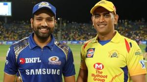 Rohit Sharma captain of Mumbai Indians and Mahendra Singh Dhoni captain of Chennai Super Kings at the toss during match twenty seven of the Vivo Indian Premier League 2018 (IPL 2018) between the Chennai Super Kings and the Mumbai Indians held at the Maharashtra Cricket Association Cricket Stadium, Pune on the 28th April 2018.(BCCI Photo)
