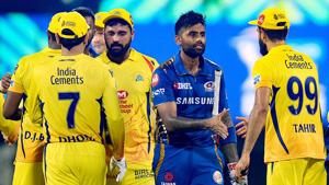 Mumbai Indians cricketer Surya Kumar Yadav (2R) shakes hands with Chennai super Kings cricketers after winning the 2019 Indian Premier League (IPL) first Qualifier Twenty20 cricket match between Chennai Super Kings and Mumbai Indians at the MA Chidambaram stadium in Chennai on May 7, 2019.(AFP) Mumbai Indians cricketer Surya Kumar Yadav (2R) shakes hands with Chennai super Kings cricketers after winning the 2019 Indian Premier League (IPL) first Qualifier Twenty20 cricket match between Chennai Super Kings and Mumbai Indians at the MA Chidambaram stadium in Chennai on May 7, 2019.(AFP)
