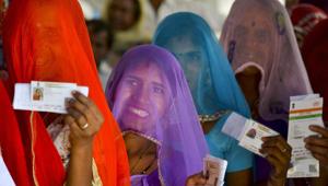 Women at a polling station in Rajasthan’s Nagaur district, on May 6, the fifth round of polling for Lok Sabha elections 2019. Voting for sixth phase will take place on May 12.(PTI file photo)
