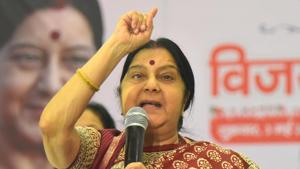 External affairs minister Sushma Swaraj on Wednesday tweeted some words of advice for West Bengal chief minister Mamata Banerjee, saying that she had crossed all limits with her remark that she would like to give PM Modi a “tight slap of democracy”.(Prabhakar Sharma/ HT Photo)