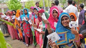 Woman Voters shows their voter id cards as they stand in queue to cast their votes at polling station during the 5th phase of Lok Sabha elections in Rajasthan.(ANI file photo) Woman Voters shows their voter id cards as they stand in queue to cast their votes at polling station during the 5th phase of Lok Sabha elections in Rajasthan.(ANI file photo)