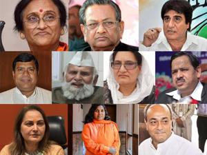 10 prominent turncoats in the fray: (L-R) Rita Bahuguna Joshi, Shyama Charan Gupta, Raj Babbar, (2nd row) Ram Charitra Nishad, Shafiq-ur-Rehman Barq, Tabassum Hasan, Naseemuddin Siddiqui, (3rd row) Jaya Prada, Savitri Bai Phule and Sanjay Sinh. 10 prominent turncoats in the fray: (L-R) Rita Bahuguna Joshi, Shyama Charan Gupta, Raj Babbar, (2nd row) Ram Charitra Nishad, Shafiq-ur-Rehman Barq, Tabassum Hasan, Naseemuddin Siddiqui, (3rd row) Jaya Prada, Savitri Bai Phule and Sanjay Sinh.