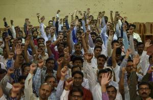A BMC engineers’ union meeting in Parel on Thursday.(Kunal Patil/HT Photo) A BMC engineers’ union meeting in Parel on Thursday.(Kunal Patil/HT Photo)