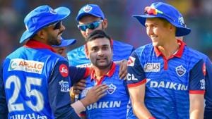 DC bowler Amit Mishra celebrates with his teammates after claiming a wicket.(PTI)