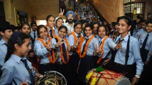 Students of Play ways Senior Secondary School toppers of class 10th PSEB in jubilant mood after the declaration of the result in Patiala on Wednesday(Bharat Bhushan Hindustan Times) Students of Play ways Senior Secondary School toppers of class 10th PSEB in jubilant mood after the declaration of the result in Patiala on Wednesday(Bharat Bhushan Hindustan Times)