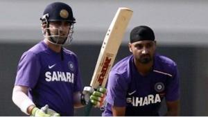 File photo of Gautam Gambhir and Harbhajan Singh during practice for Team India.(Twitter)