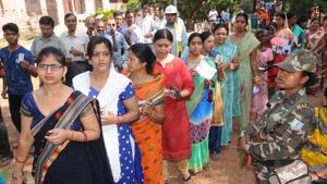 Ranchi, India - May 6, 2019:Voters in a queue to cast their vote during the Lok Sabha poll at RLSY college polling booth in Ranchi, India, on Monday, May 6, 2019. (Photo by Diwakar Prasad/ Hindustan Times)(Diwakar Prasad/ Hindustan Times)