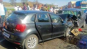 After crashing into the bike, the Mumbai-bound car swerved into the other lane, where a Gujarat-bound car crashed into it. After crashing into the bike, the Mumbai-bound car swerved into the other lane, where a Gujarat-bound car crashed into it.