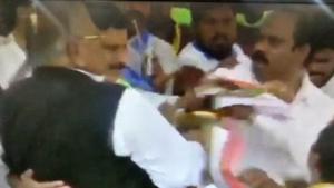 A screen grab showing the two leaders coming to blows at the Hyderabad event on May 11, 2019. A screen grab showing the two leaders coming to blows at the Hyderabad event on May 11, 2019.