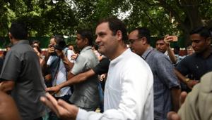Congress president Rahul Gandhi after casting his vote in New Delhi on Sunday.(Ajay Aggarwal)