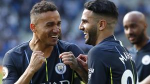 Manchester City's Danilo and Riyad Mahrez, right, celebrate at the end of the match.(AP) Manchester City's Danilo and Riyad Mahrez, right, celebrate at the end of the match.(AP)