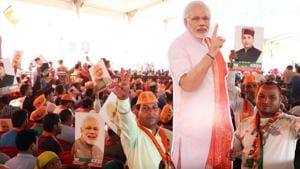 BJP supporters seen during an election rally of Prime Minister Narender Modi, at Paddal Ground, in Mandi, Himachal Pradesh, on Friday, May 10, 2019.(Birbal Sharma / HT Photo)
