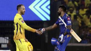 IPL Final MI vs CSK: Chennai Super Kings’ Faf du Plessis (left), greets Surya Kumar Yadav of Mumbai Indians after they defeated Chennai Super Kings to enter the final of the IPL Qualifier 1 in Chennai, India, Tuesday, May 7, 2019.(AP) IPL Final MI vs CSK: Chennai Super Kings’ Faf du Plessis (left), greets Surya Kumar Yadav of Mumbai Indians after they defeated Chennai Super Kings to enter the final of the IPL Qualifier 1 in Chennai, India, Tuesday, May 7, 2019.(AP)