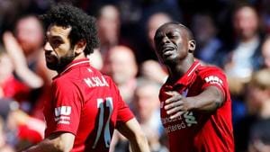 Liverpool's Sadio Mane celebrates scoring their first goal with Mohamed Salah.(REUTERS) Liverpool's Sadio Mane celebrates scoring their first goal with Mohamed Salah.(REUTERS)
