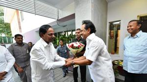 TRS chief K Chandrashekar Rao greets DMK’s MK Stalin in Chennai on May 13, 2019.