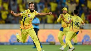 Hyderabad: CSK bowler Imran Tahir celebrates the wicket of MI batsman Ishan Kishan(PTI) Hyderabad: CSK bowler Imran Tahir celebrates the wicket of MI batsman Ishan Kishan(PTI)