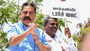 Makkal Needhi Maiam leader Kamal Hassan stoked a controversy by calling Naturam Godse, who assassinated Mahatma Gandhi, the first terrorist in free India.(PTI) Makkal Needhi Maiam leader Kamal Hassan stoked a controversy by calling Naturam Godse, who assassinated Mahatma Gandhi, the first terrorist in free India.(PTI)