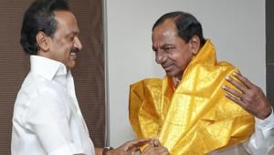 DMK leader M K Stalin greets Telangana Chief Minister K. Chandrashekar Rao, at his residence, in Chennai on Monday, May 13, 2019.(PTI)