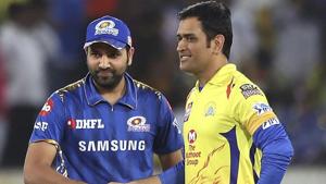 Mumbai Indians captain Rohit Sharma, left and Chennai Super Kings captain Mahendra Singh Dhoni greet each other.(AP) Mumbai Indians captain Rohit Sharma, left and Chennai Super Kings captain Mahendra Singh Dhoni greet each other.(AP)