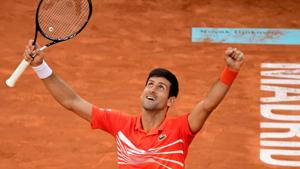Serbia's Novak Djokovic celebrates after defeating Greece's Stefanos Tsitsipas during their ATP Madrid Open final tennis match at the Caja Magica in Madrid on May 12, 2019.(AFP) Serbia's Novak Djokovic celebrates after defeating Greece's Stefanos Tsitsipas during their ATP Madrid Open final tennis match at the Caja Magica in Madrid on May 12, 2019.(AFP)