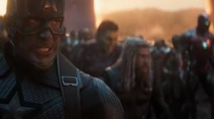 Captain America leads the Avengers into battle in a still from Avengers Endgame.
