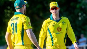 Australia's Steve Smith (R) and Australia's David Warner speak during the second of three warm-up cricket matches.(AFP) Australia's Steve Smith (R) and Australia's David Warner speak during the second of three warm-up cricket matches.(AFP)