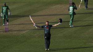 England's Jonny Bairstow celebrates reaching his century during the One Day International cricket match against Pakistan at the Bristol County Ground, Bristol, England, Tuesday, May 14, 2019.(AP)