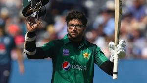 Pakistan's Imam-ul-Haq celebrates his century during the third One Day International (ODI) cricket match against England.(AFP) Pakistan's Imam-ul-Haq celebrates his century during the third One Day International (ODI) cricket match against England.(AFP)