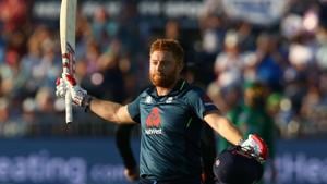 England's Jonny Bairstow celebrates his century during the third One Day International (ODI) cricket match between England and Pakistan at The Bristol County Ground(AFP) England's Jonny Bairstow celebrates his century during the third One Day International (ODI) cricket match between England and Pakistan at The Bristol County Ground(AFP)