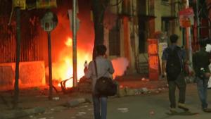 Fire breaks as violence reported between supporters during the road show of BJP President Amit Shah in Kolkata on Tuesday.(ANI photo)